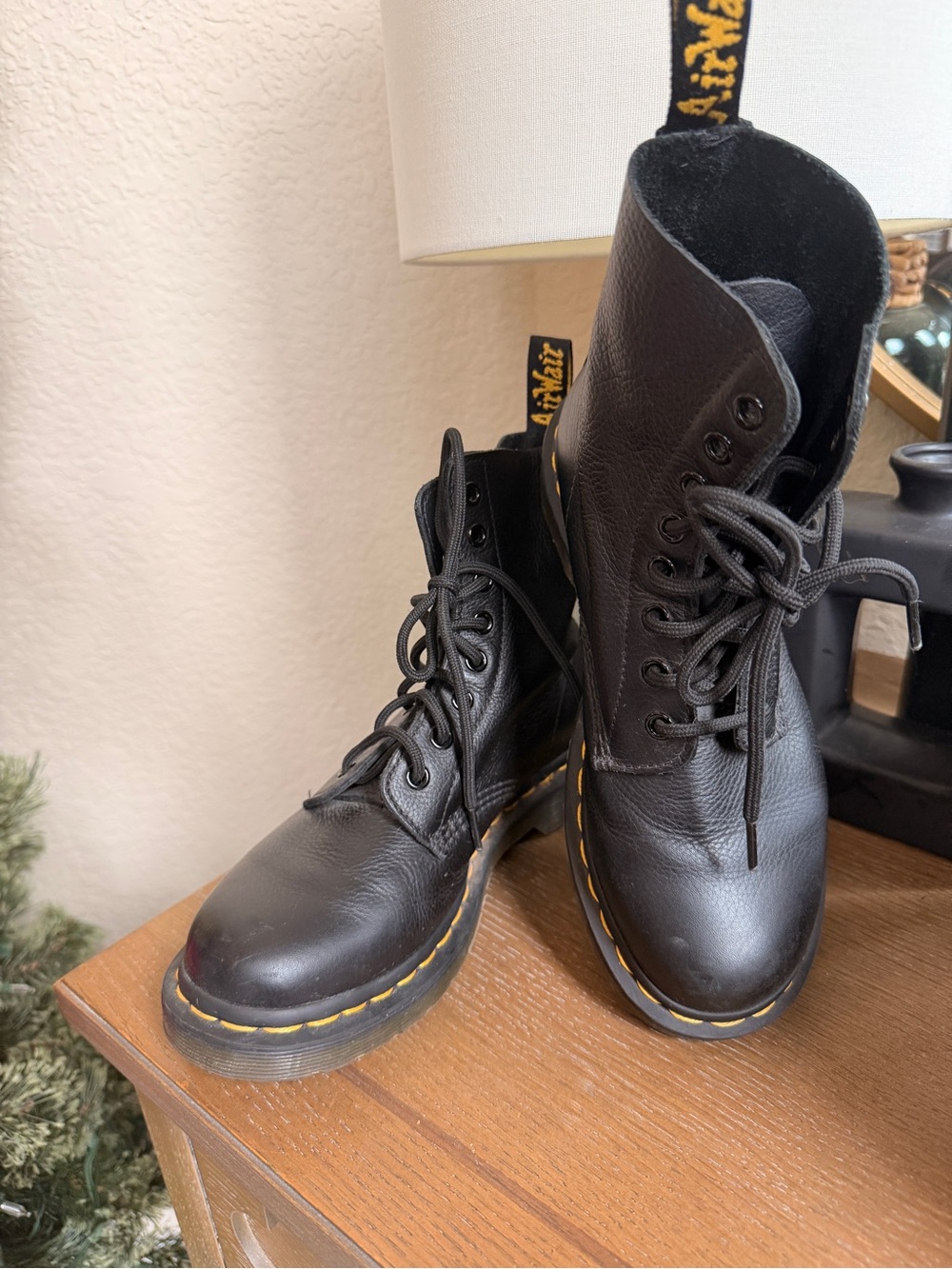 Dr. Martens Black Leather Lace-Up Combat Boots with Yellow Stitching
